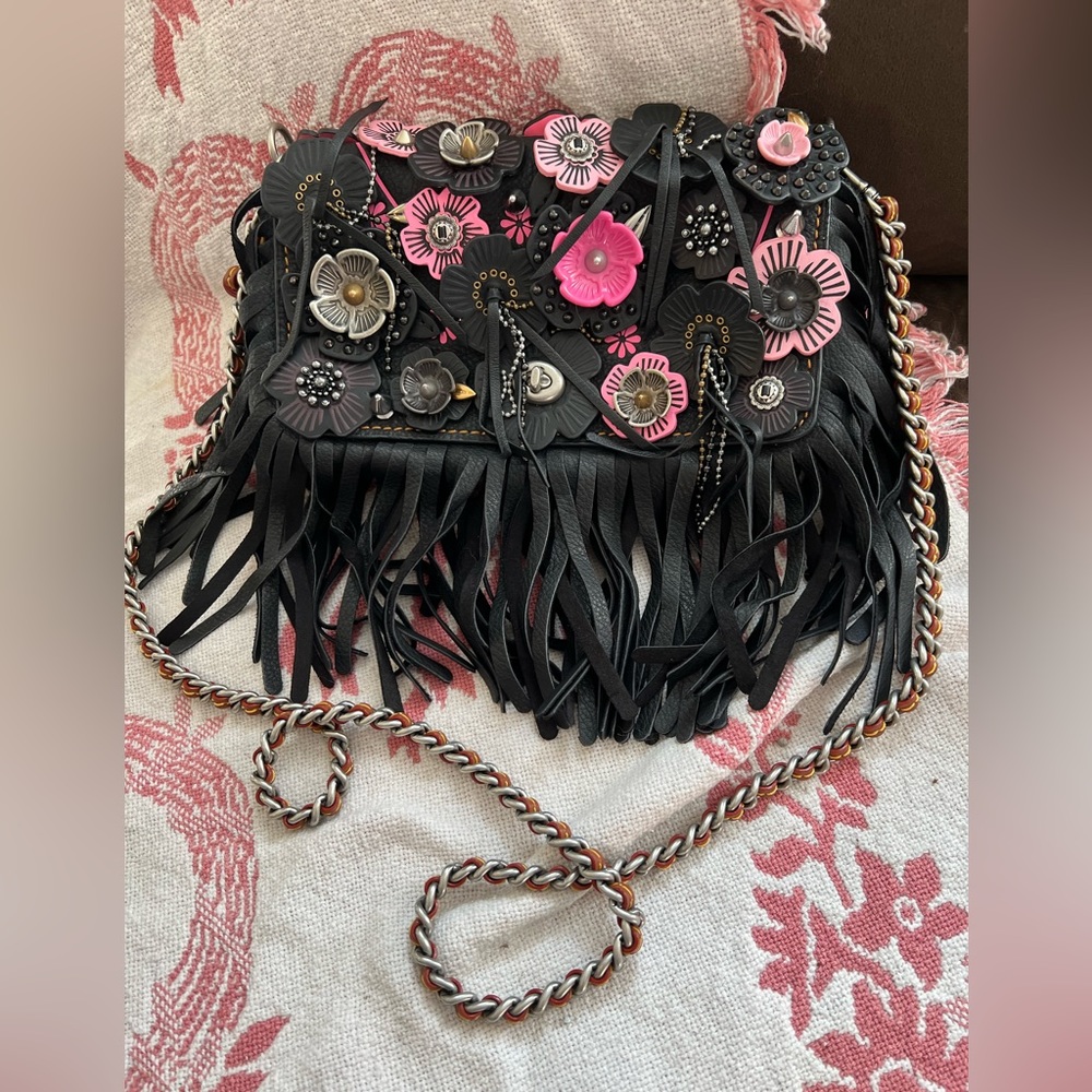 Coach black leather dinky with flowers